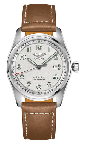 Longines Spirit Automatic COSC Stainless Steel Silver Dial Brown Leather Strap Date Mens Watch L3.811.4.73.2 - Watches & Beyond