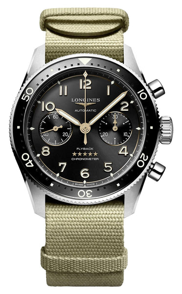 Longines Spirit Flyback Automatic COSC Chronograph Stainless Steel Black Dial Beige Textile Strap Mens Watch L3.821.4.53.9 - Watches & Beyond
