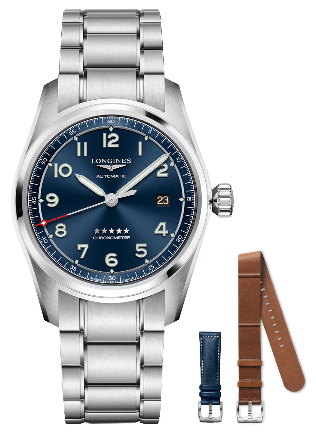 Longines Spirit Prestige Edition Automatic COSC Stainless Steel Blue Dial Interchangeable Blue/Brown Leather Strap Date Mens Watch L3.810.4.93.9 - Watches & Beyond