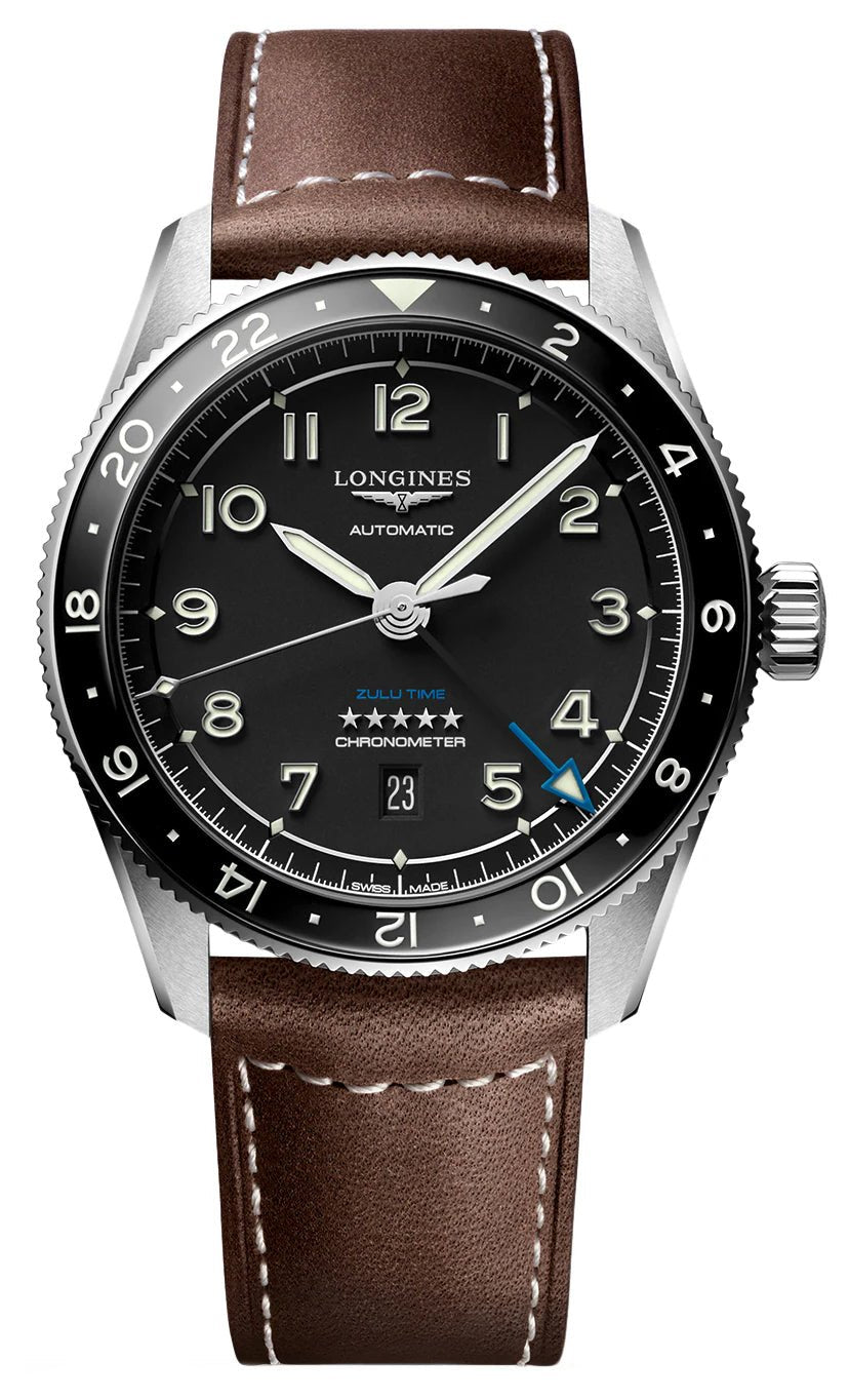 Longines Spirit Zulu Time Automatic GMT Chronometer Stainless Steel Black Dial Brown Leather Strap Date Mens Watch L3.812.4.53.2 - WAB - Shipping Dept.