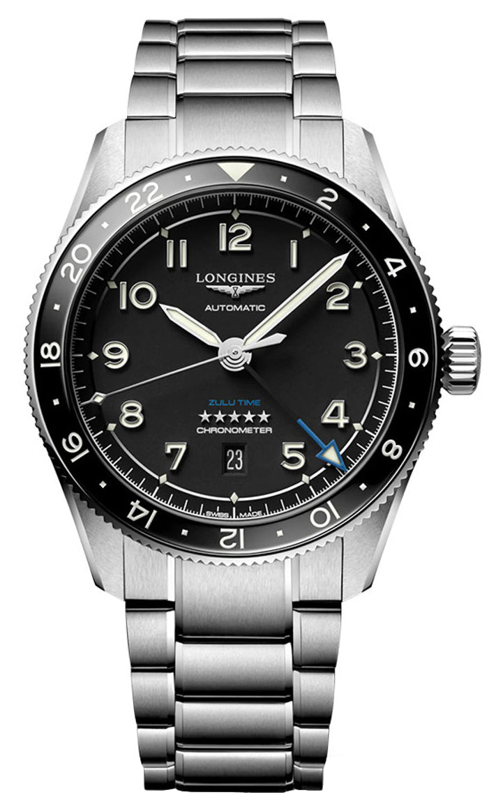 Longines Spirit Zulu Time Automatic GMT Chronometer Stainless Steel Black Dial Date Mens Watch L3.812.4.53.6 - WAB - Shipping Dept.