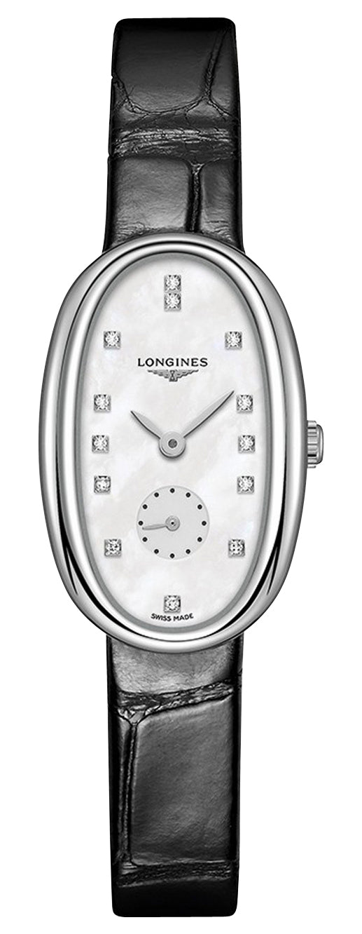 Longines Symphonette Stainless Steel Mother - of - Pearl Dial Black Leather Strap Diamonds Quartz Womens Watch L2.306.4.87.0 - Watches & Beyond