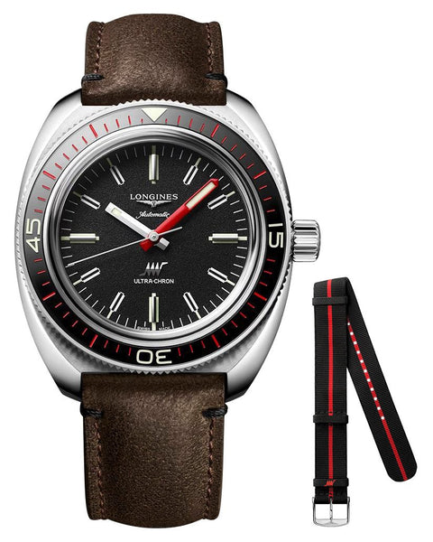 Longines Ultra - Chron Box Edition Automatic Chronometer Stainless Steel Black Dial Brown Leather Interchangeable Black/Red Nylon Strap Divers Mens Watch L2.836.4.52.8 - Watches & Beyond