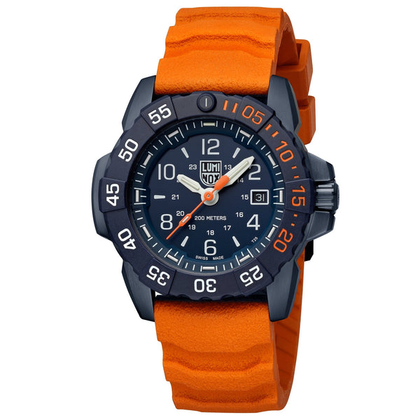 Luminox Navy SEAL Foundation "Back to the Blue" Set Blue IP Steel Blue Dial Orange Rubber Interchangeable Blue Rubber Strap Date Divers Quartz Mens Watch XS.3253.CBNSF.SET - Watches & Beyond