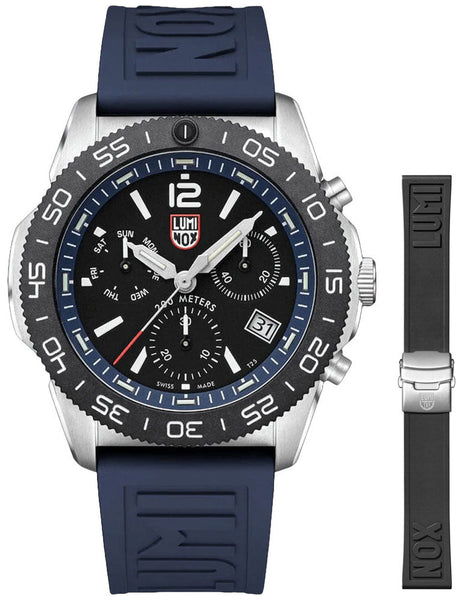 Luminox Pacific Diver Chronograph Stainless Steel Black Dial Blue/Black Interchangeable Rubber Strap Day/Date Divers Quartz Mens Watch XS.3143.SET - Watches & Beyond