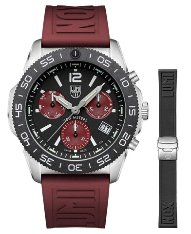 Luminox Pacific Diver Chronograph Stainless Steel Black Dial Burgundy Rubber Interchangeable Black Rubber Strap Day/Date Divers Quartz Mens Watch XS.3155.1.SET - WAB - Shipping Dept.