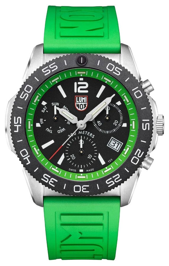 Luminox Pacific Diver Chronograph Stainless Steel Black Dial Green Rubber Strap Day/Date Divers Quartz Mens Watch XS.3157.NF - WAB - Shipping Dept.