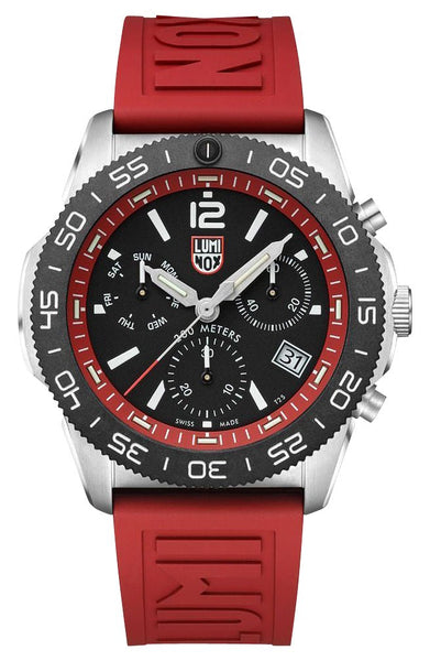 Luminox Pacific Diver Chronograph Stainless Steel Black Dial Red Rubber Strap Day/Date Divers Quartz Mens Watch XS.3155 - Watches & Beyond
