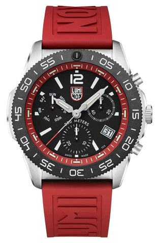 Luminox Pacific Diver Chronograph Stainless Steel Black Dial Red Rubber Strap Day/Date Divers Quartz Mens Watch XS.3155 - Watches & Beyond