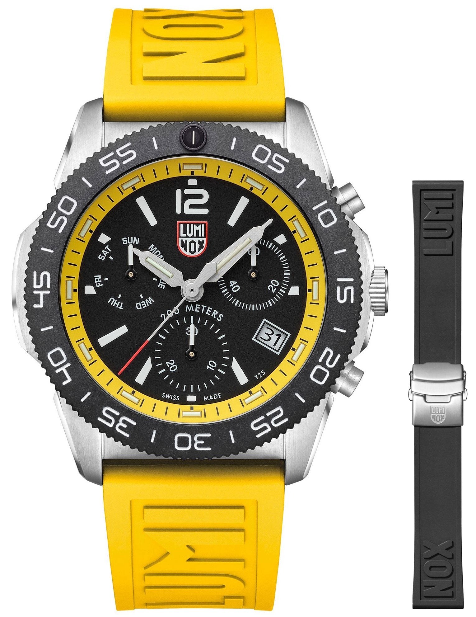 Luminox Pacific Diver Chronograph Stainless Steel Black Dial Yellow/Black Interchangeable Rubber Strap Day/Date Divers Quartz Mens Watch XS.3145.SET - Watches & Beyond