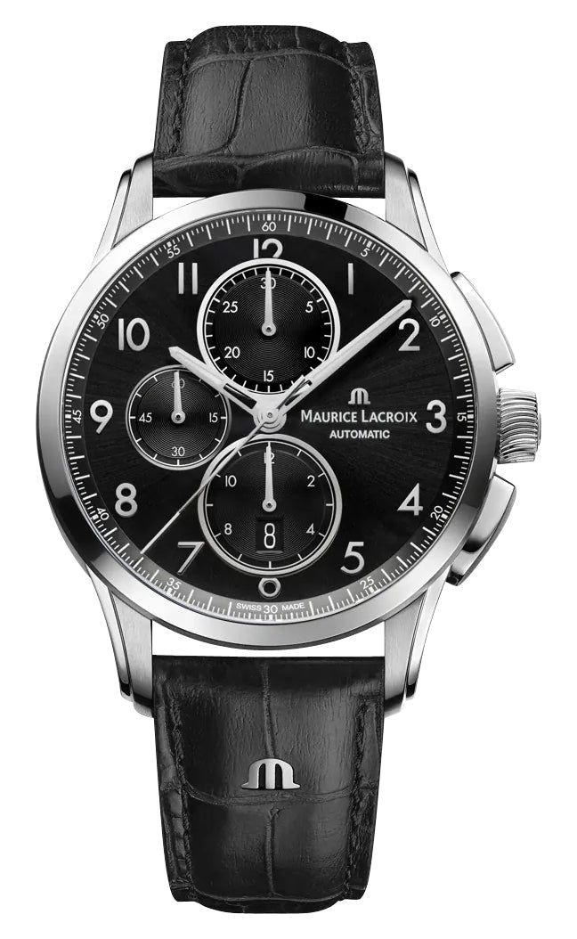 Maurice Lacroix Pontos Automatic Chronograph Stainless Steel Black Dial Black Leather Strap Date Mens Watch PT6388 - SS001 - 320 - 2 - Watches & Beyond