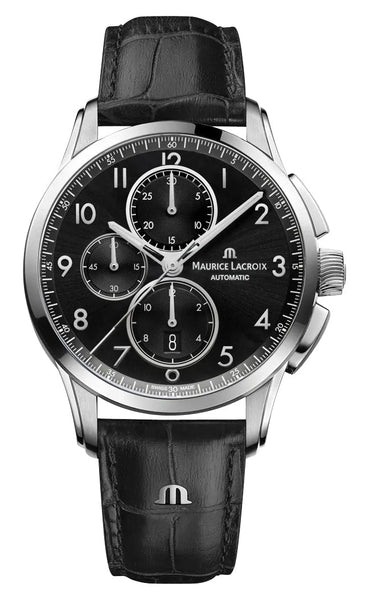 Maurice Lacroix Pontos Automatic Chronograph Stainless Steel Black Dial Black Leather Strap Date Mens Watch PT6388 - SS001 - 320 - 2 - Watches & Beyond