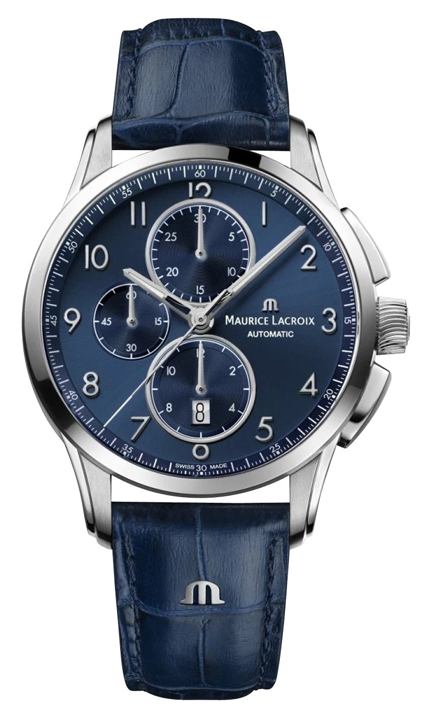 Maurice Lacroix Pontos Automatic Chronograph Stainless Steel Blue Dial Blue Leather Strap Date Mens Watch PT6388 - SS001 - 420 - 4 - Watches & Beyond