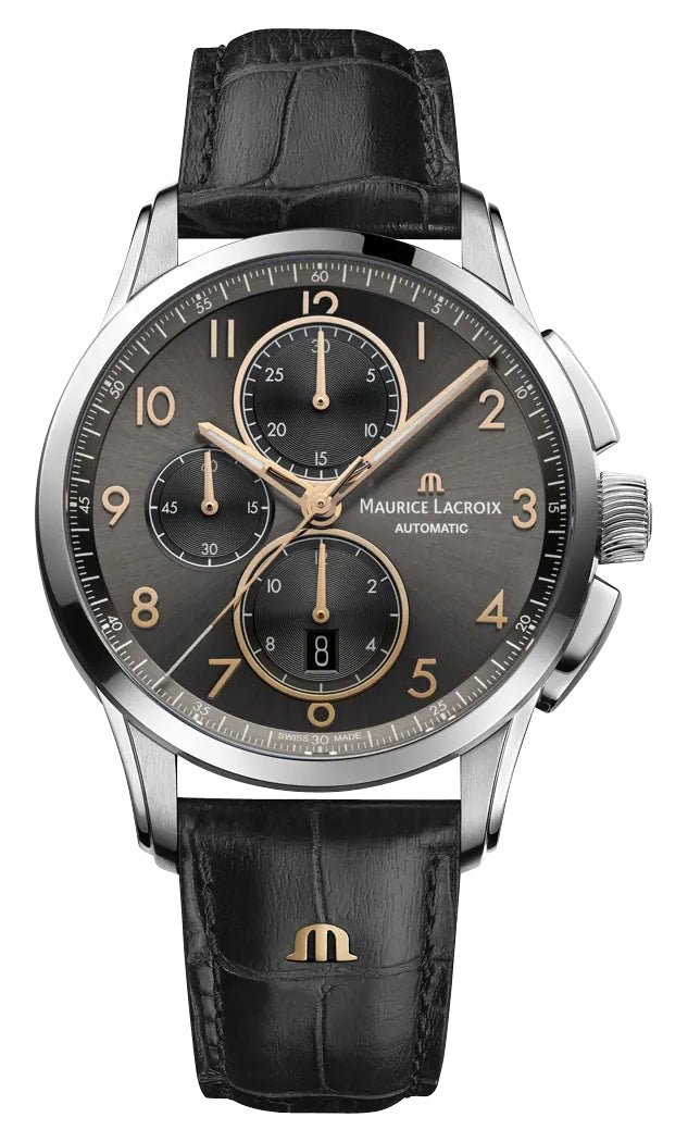 Maurice Lacroix Pontos Automatic Chronograph Stainless Steel Gray Dial Black Leather Strap Date Mens Watch PT6388 - SS001 - 321 - 2 - Watches & Beyond