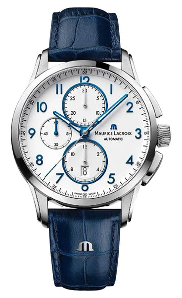 Maurice Lacroix Pontos Automatic Chronograph Stainless Steel White Dial Blue Leather Strap Date Mens Watch PT6388 - SS001 - 120 - 4 - Watches & Beyond