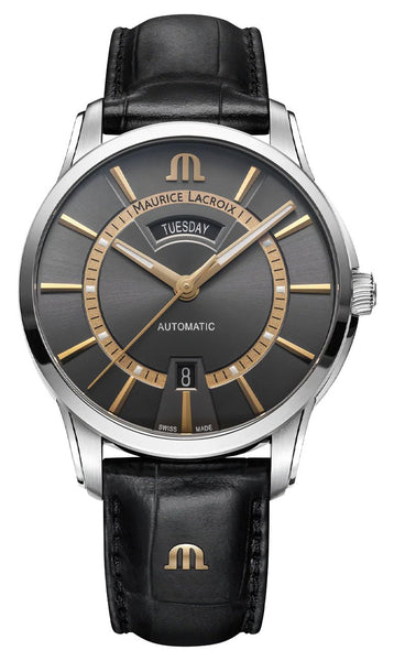 Maurice Lacroix Pontos Automatic Stainless Steel Gray Dial Black Leather Strap Day/Date Mens Watch PT6358 - SS001 - 333 - 2 - Watches & Beyond