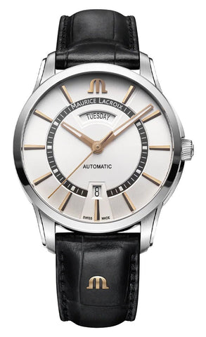 Maurice Lacroix Pontos Automatic Stainless Steel Silver Dial Black Leather Strap Day/Date Mens Watch PT6358 - SS001 - 230 - 2 - Watches & Beyond