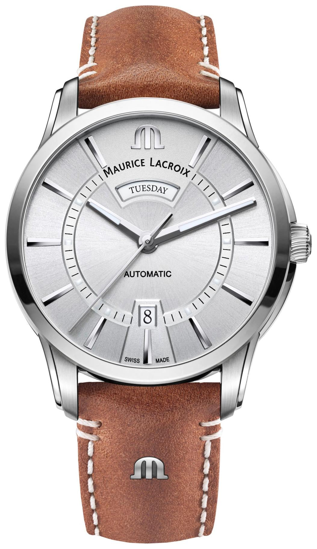 Maurice Lacroix Pontos Automatic Stainless Steel Silver Dial Brown Leather Strap Day/Date Mens Watch PT6358 - SS001 - 130 - 2 - Watches & Beyond