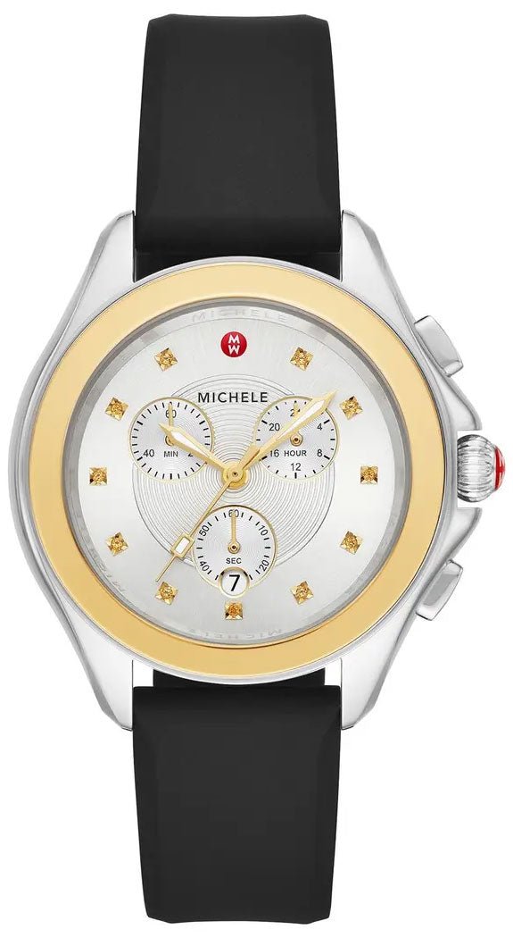 Michele Cape Chronograph Silver Dial Date Black Silicone Strap Womens Watch MWW27E000007 - WAB - Shipping Dept.