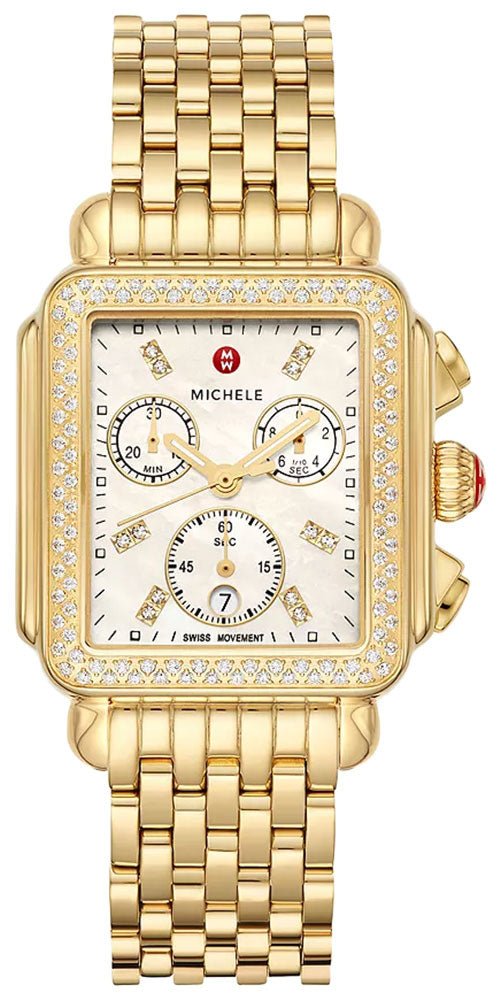 Michele Deco Chronograph 18K Gold - Plated Steel Diamonds Mother - of - Pearl Dial Date Rectangle Womens Watch MWW06A000777 - WAB - Shipping Dept.