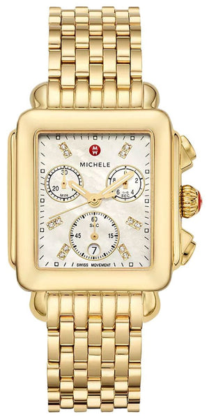 Michele Deco Chronograph 18K Gold - Plated Steel Diamonds Mother - of - Pearl Dial Date Rectangle Womens Watch MWW06A000780 - WAB - Shipping Dept.