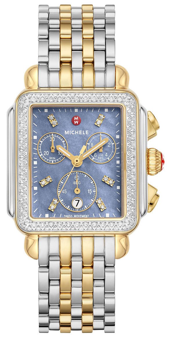 Michele Deco Chronograph Blue Mother - of - Pearl Dial Date Two - Tone Stainless Steel & Diamonds Womens Watch MWW06A000809 - WAB - Shipping Dept.