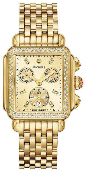 Michele Deco Diamond High Shine Chronograph Date 18K Gold - Plated Stainless Steel Womens Watch MWW06A000806 - Watches & Beyond