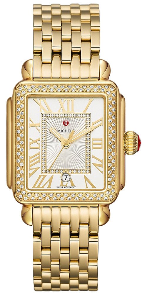 Michele Deco Madison 18K Gold - Plated Steel Diamonds Silver Dial Date Rectangle Womens Watch MWW06T000161 - WAB - Shipping Dept.