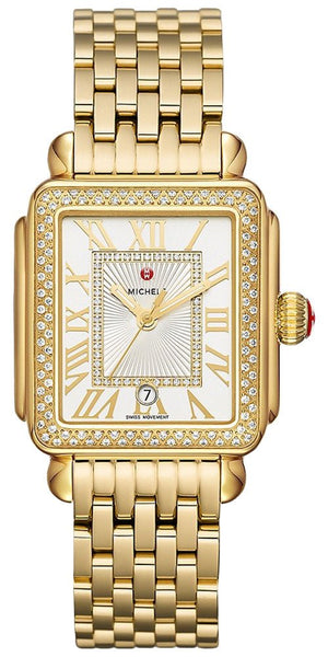 Michele Deco Madison 18K Gold - Plated Steel Diamonds Silver Dial Date Rectangle Womens Watch MWW06T000161 - WAB - Shipping Dept.