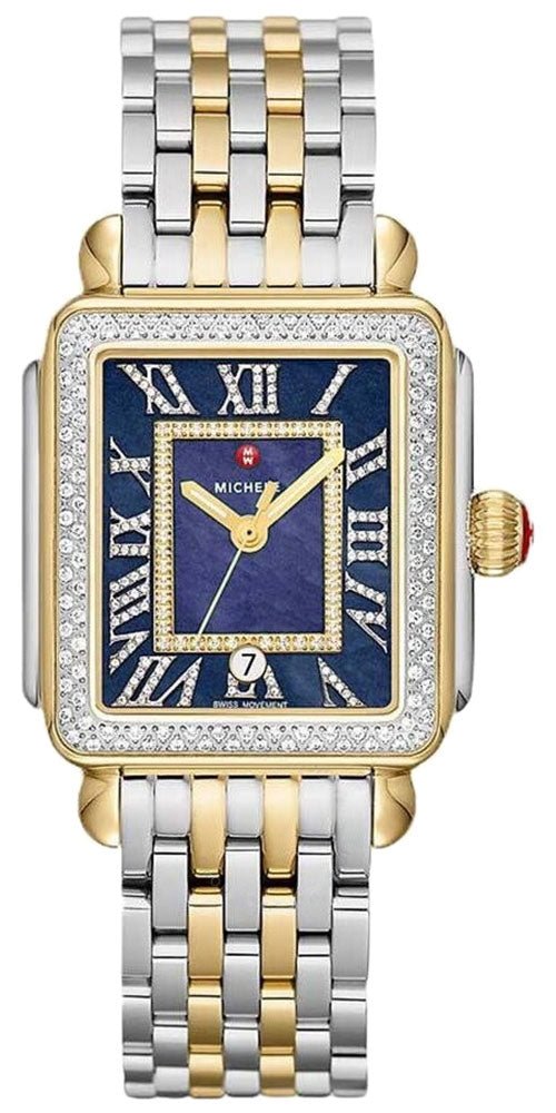 Michele Deco Madison Diamonds Two - Tone Steel Midnight Blue Mother - of - Pearl Dial Date Rectangle Womens Watch MWW06T000239 - WAB - Shipping Dept.