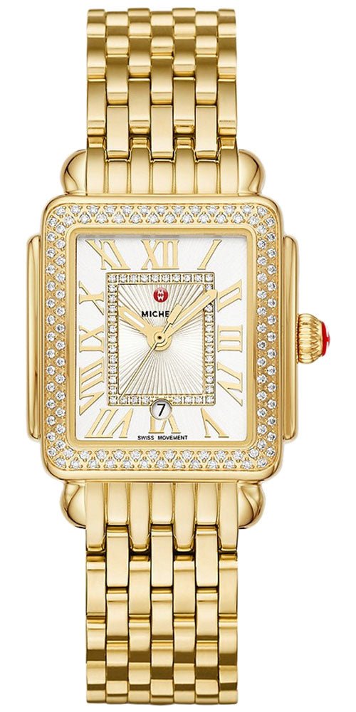 Michele Deco Madison Mid 18K Gold - Plated Steel Diamonds Silver Dial Date Rectangle Womens Watch MWW06G000003 - WAB - Shipping Dept.