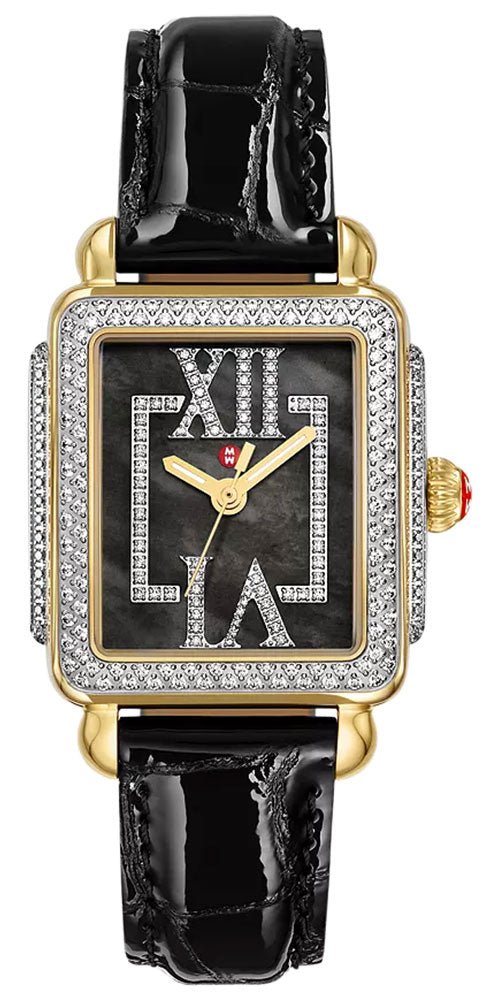 Michele Deco Madison Mid Diamonds Pavé Two - Tone Stainless Steel Black Mother - of - Pearl Dial Black Leather Strap Rectangle Womens Watch MWW06G000050 - Watches & Beyond