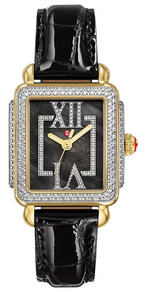 Michele Deco Madison Mid Diamonds Pavé Two - Tone Stainless Steel Black Mother - of - Pearl Dial Black Leather Strap Rectangle Womens Watch MWW06G000050 - Watches & Beyond