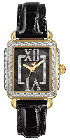 Michele Deco Madison Mid Diamonds Pavé Two - Tone Stainless Steel Black Mother - of - Pearl Dial Black Leather Strap Rectangle Womens Watch MWW06G000050 - Watches & Beyond