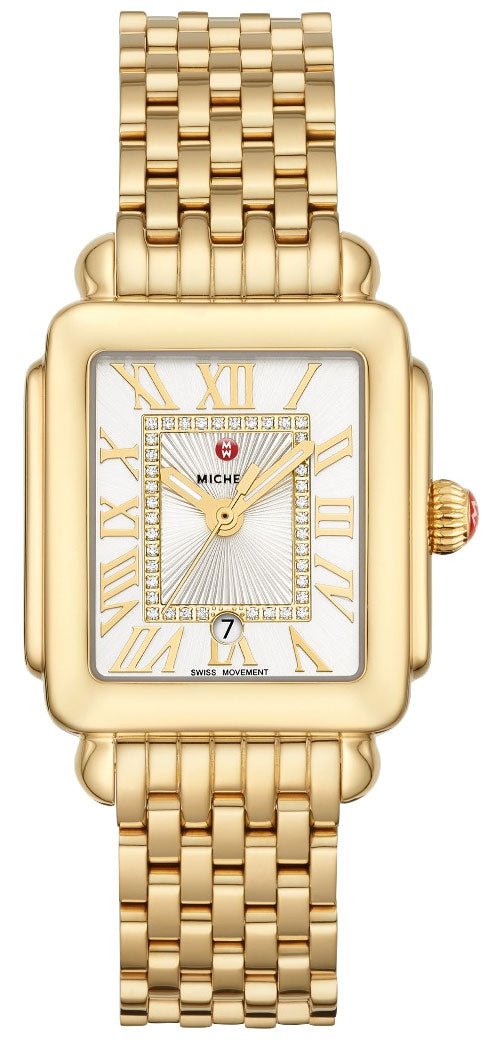 Michele Deco Madison Mid Gold Plated Steel Diamonds Silver Dial Date Rectangle Womens Watch MWW06G000014 - WAB - Shipping Dept.