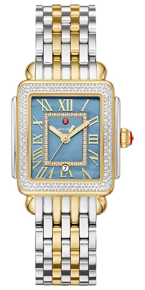 Michele Deco Madison Mid Two - Tone Steel Diamonds Blue Mother - of - Pearl Dial Rectangle Womens Watch MWW06G000036 - WAB - Shipping Dept.