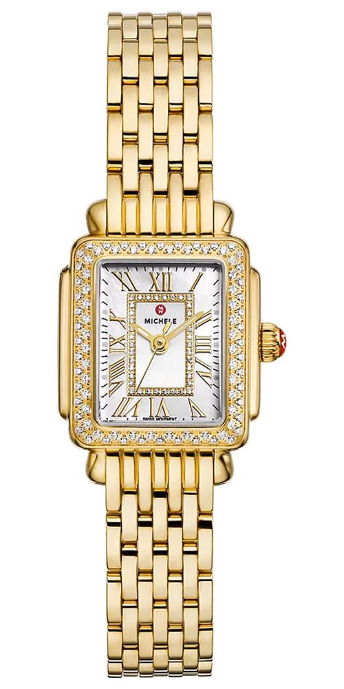 Michele Deco Madison Mini 18K Gold - Plated Steel Diamonds Mother - of - Pearl Dial Rectangle Womens Watch MWW06D000173 - Watches & Beyond
