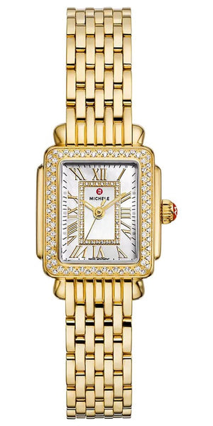 Michele Deco Madison Mini 18K Gold - Plated Steel Diamonds Mother - of - Pearl Dial Rectangle Womens Watch MWW06D000173 - Watches & Beyond