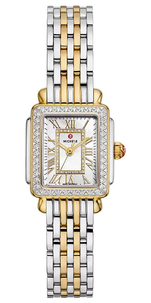 Michele Deco Madison Mini Two - Tone Steel Diamonds Mother - of - Pearl Dial Rectangle Womens Watch MWW06D000172 - Watches & Beyond