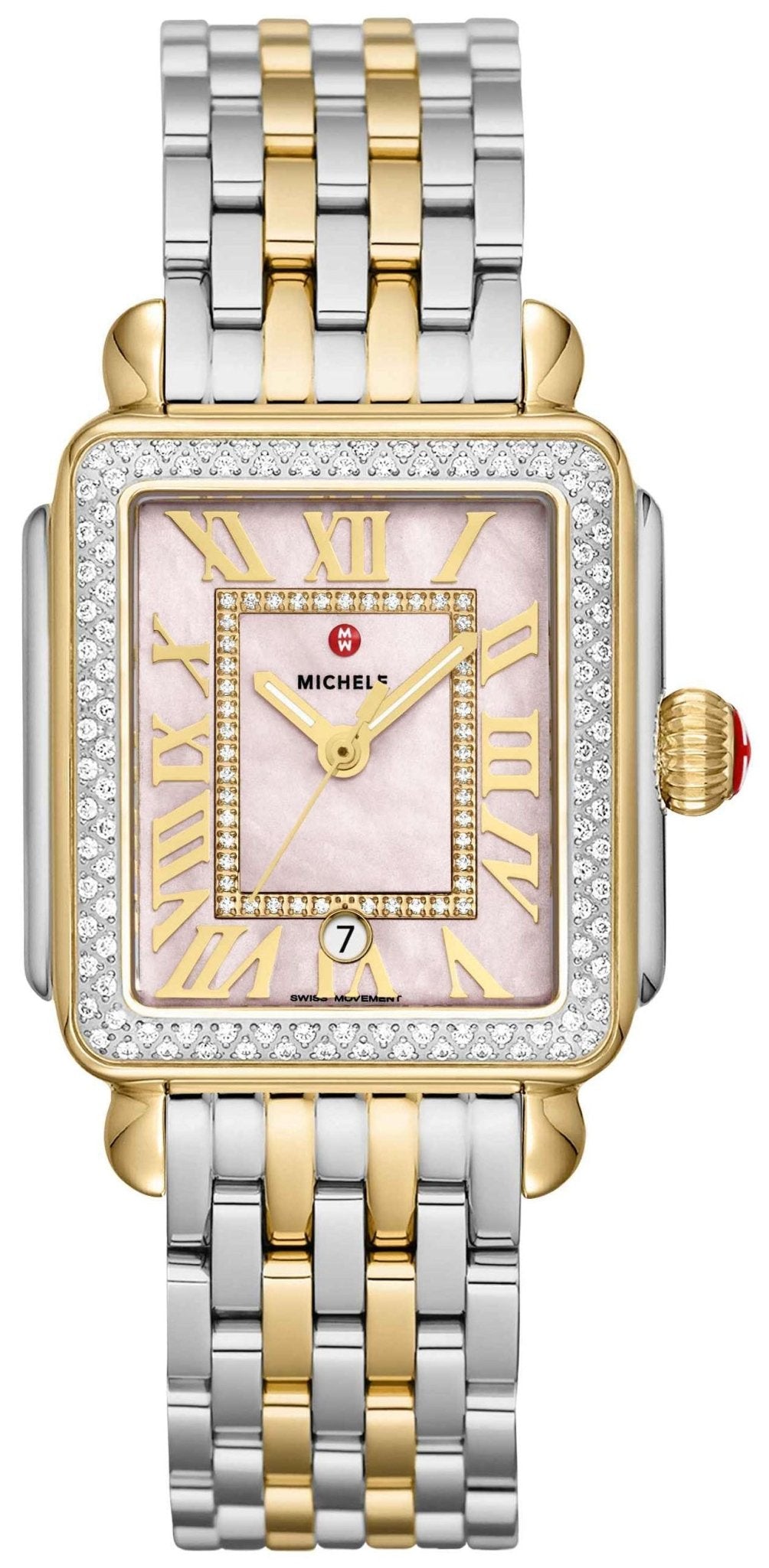 Michele Deco Madison Two - Tone Steel Diamonds Pink Mother - of - Pearl Dial Date Rectangle Womens Watch MWW06T000266 - WAB - Shipping Dept.