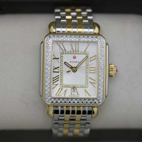 Michele Deco Madison Two - Tone Steel Diamonds Silver Dial Date Rectangle Womens Watch MWW06T000144 - WAB - Shipping Dept.