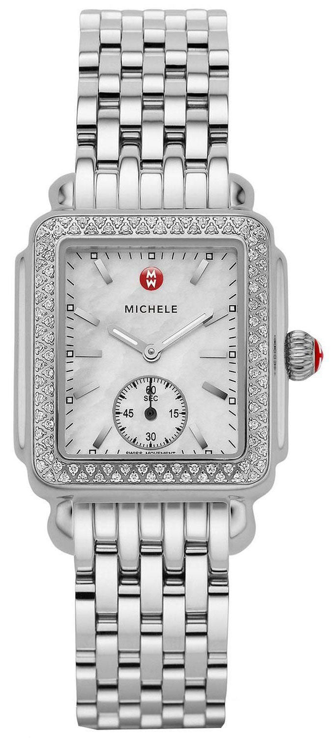 Michele Deco Mid Stainless Steel Mother - of - Pearl Dial Diamonds Rectangle Womens Watch MWW06V000001 - WAB - Shipping Dept.