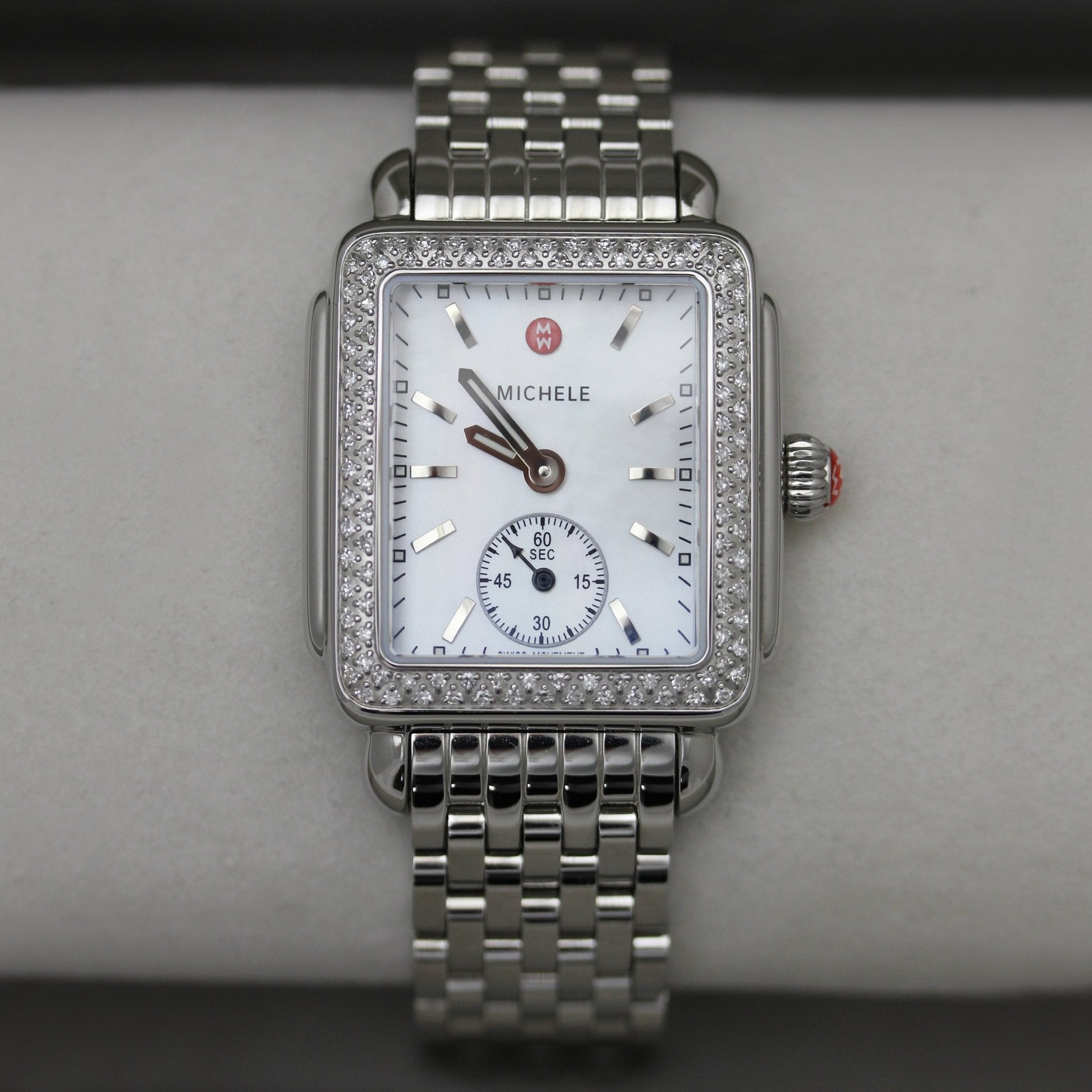 Michele Deco Mid Stainless Steel Mother - of - Pearl Dial Diamonds Rectangle Womens Watch MWW06V000001 - Watches & Beyond