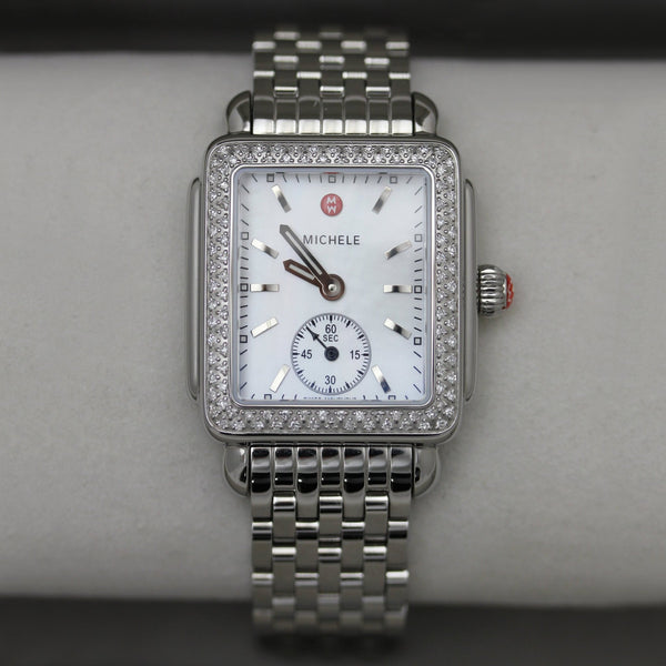Michele Deco Mid Stainless Steel Mother - of - Pearl Dial Diamonds Rectangle Womens Watch MWW06V000001 - Watches & Beyond