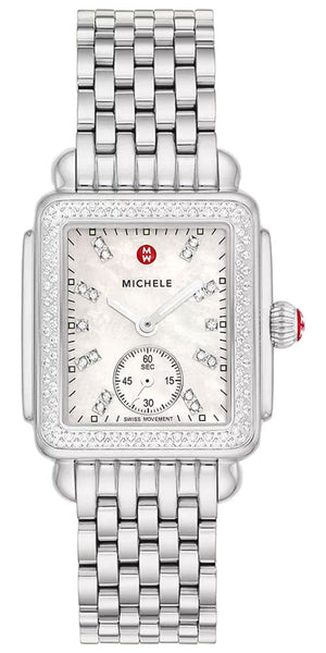 Michele Deco Mid Stainless Steel Mother - of - Pearl Dial Diamonds Rectangle Womens Watch MWW06V000122 - WAB - Shipping Dept.