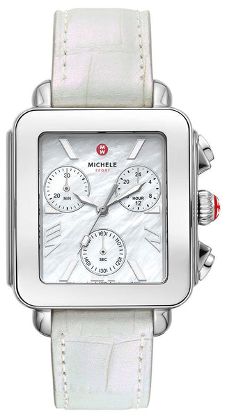 Michele Deco Sport Chronograph Mother - of - Pearl Rectangle Dial White Leather Women's Watch MWW06K000066 - WAB - Shipping Dept.