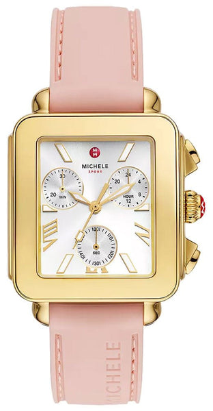 Michele Deco Sport Chronograph Silver Rectangle Dial Gold - Tone Case Ballet Pink Silicone Women's Watch MWW06K000072 - Watches & Beyond