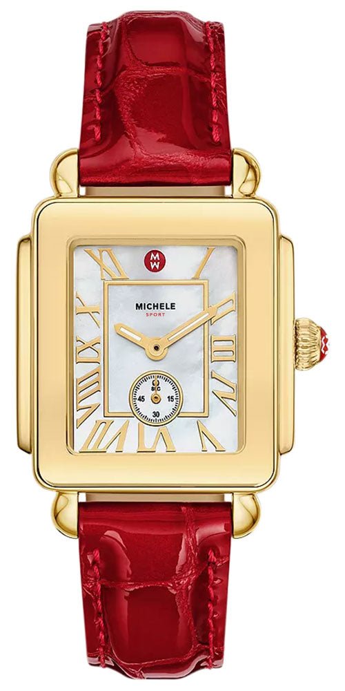 Michele Deco Sport Mid Gold - Plated Stainless Steel Mother - of - Pearl Dial Ruby Red Leather Strap Womens Watch MWW06H000005 - Watches & Beyond