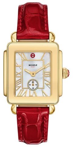 Michele Deco Sport Mid Gold - Plated Stainless Steel Mother - of - Pearl Dial Ruby Red Leather Strap Womens Watch MWW06H000005 - Watches & Beyond