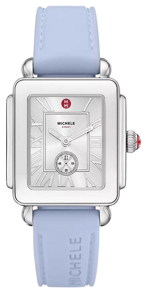 Michele Deco Sport Mid Stainless Steel Silver Dial Pastel Blue Silicone Strap Rectangle Womens Watch MWW06H000006 - Watches & Beyond